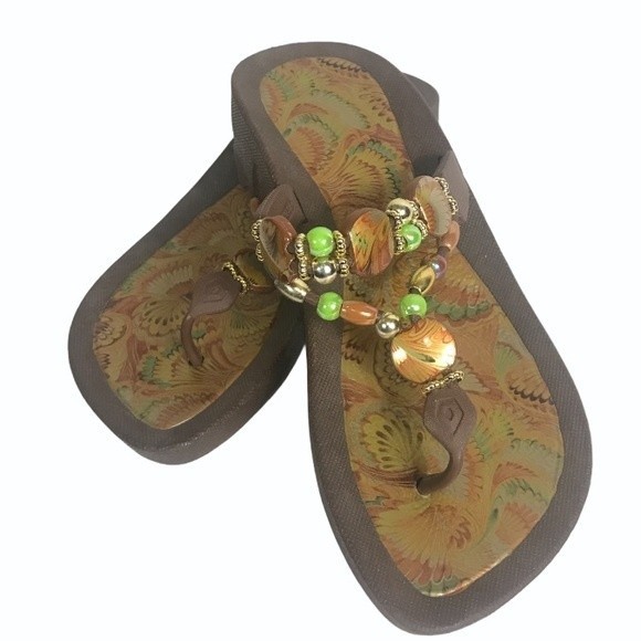 Grandco Thong Sandals Jeweled /beaded Marble Deluxe Hippie Boho Flip Flop size 6 - Picture 1 of 11